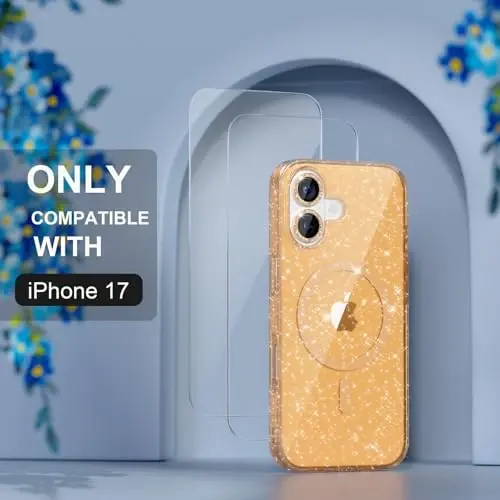 Чехол Magnetic для iPhone 17 с поддержкой MagSafe, милый блестящий женский чехол с защитой для камеры из страхов, защита военного уровня от падений, 6,3 дюйма (золотой) - 2