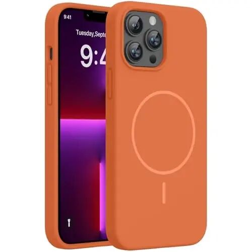 Чехол Miracase Magnetic для iPhone 13 Pro Max, [Мягкая подкладка из микрофибры, защищающая от царапин], совместимый с MagSafe, ударопрочный чехол из жидкого силикона для 13 Pro Max, оранжевый - MIRACASE