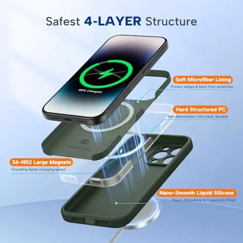 Чехол Miracase Magnetic для iPhone 14 Pro Max, [Мягкая подкладка из микрофибры, защищающая от царапин], совместим с MagSafe, силиконовый противоударный защитный чехол для iPhone 14 Pro Max, темно-зеленый - 5