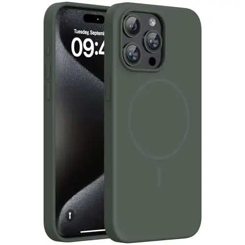 Чехол Miracase Magnetic для iPhone 15 Pro Max, [мягкая подкладка из микрофибры против царапин], совместим с MagSafe, противоударный чехол из жидкого силикона для 15 Pro Max, темно-зеленый 