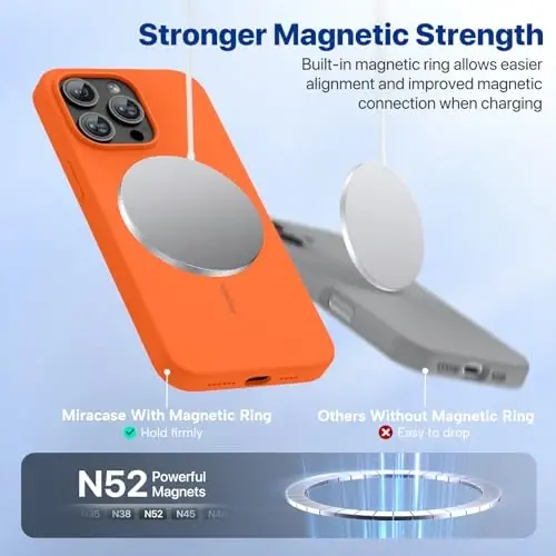 Чехол Miracase Magnetic для iPhone 15 Pro Max, [мягкая подкладка из микрофибры против царапин], совместим с MagSafe, противоударный чехол из жидкого силикона для 15 ProMax, оранжевый - 6