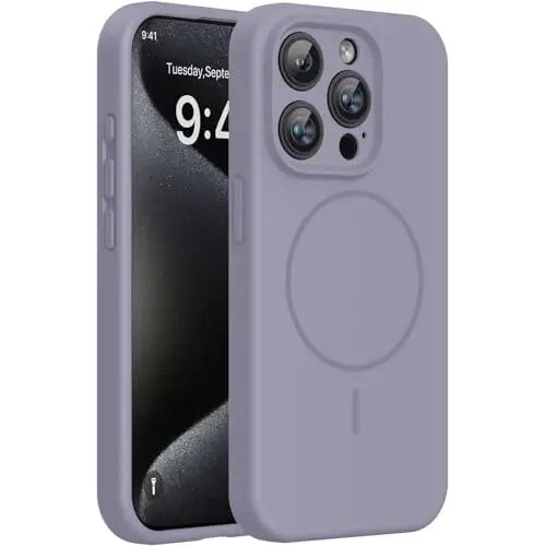Чехол Miracase Magnetic для iPhone 15 Pro Max, [Мягкая подкладка из микрофибры, защищающая от царапин], совместим с MagSafe, чехол из жидкого силикона, ударопрочный чехол для телефона с защитой от падений для 15 ProMax, лавандово-серый - MIRACASE