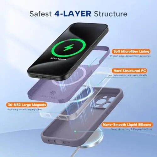 Чехол Miracase Magnetic для iPhone 15 Pro Max, [Мягкая подкладка из микрофибры, защищающая от царапин], совместим с MagSafe, чехол из жидкого силикона, ударопрочный чехол для телефона с защитой от падений для 15 ProMax, лавандово-серый - 3