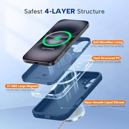Чехол Miracase Magnetic для iPhone 16 Plus, [Мягкая подкладка из микрофибры против царапин], магнитный для MagSafe, противоударный чехол из жидкого силикона для 16 Plus, стеклянно-синий - 6