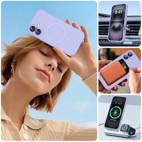 Чехол Miracase Magnetic для iPhone 16 Plus, [мягкая подкладка из микрофибры против царапин], магнитный для MagSafe, противоударный чехол из жидкого силикона с защитой от падений для 16 Plus, светло-фиолетовый - 5