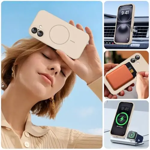 Чехол Miracase Magnetic для iPhone 16 Plus, [мягкая подкладка из микрофибры, защищающая от царапин], магнитный для MagSafe, ударопрочный чехол из жидкого силикона для 16 Plus, песочный - 5