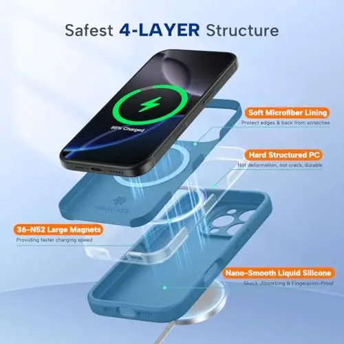 Чехол Miracase Magnetic для iPhone 16 Pro Max, [мягкая подкладка из микрофибры против царапин], совместим с MagSafe, противоударный чехол из жидкого силикона для 16 Pro Max, цвет Capri Blue - 3