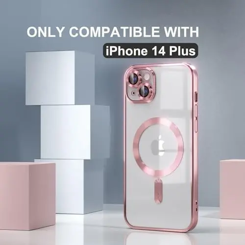 Чехол Misea Magnetic для iPhone 14 Plus, совместимый с MagSafe [не желтеет] [армейская защита от падений], с защитой для объектива камеры, блестящий мягкий прозрачный чехол для женщин и девочек, розовый - 2