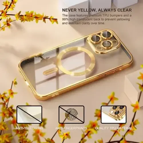 Чехол Misea Magnetic для iPhone 15 Pro Max с MagSafe [Никогда не желтеет] [Защита от падения военного класса] Полная защита объектива камеры Покрытие Мягкий прозрачный чехол для телефона для женщин и девушек, Золотой - 3