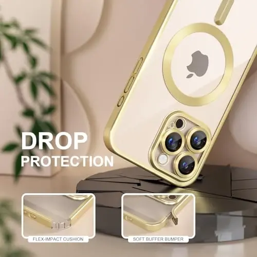 Чехол Misea Magnetic для iPhone 16 Pro Max, совместимый с MagSafe, [не желтеет], [армейская защита от падений], с полной защитой объектива камеры, с гальваническим покрытием, мягкий прозрачный чехол для женщин, титановое золото - 4