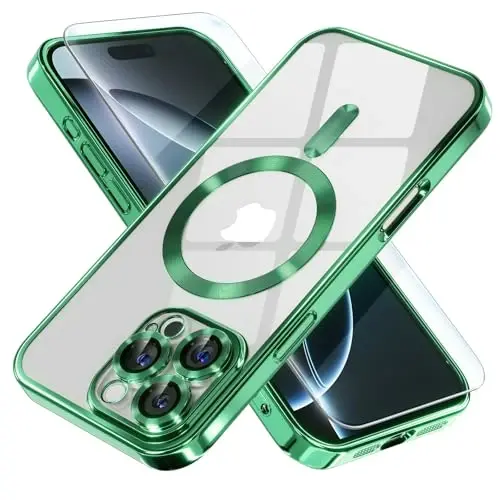 Чехол Misea Magnetic для iPhone 16 Pro Max, совместимый с MagSafe [Не желтеет] [Армейская защита от падений], с защитой объектива камеры, мягкий прозрачный чехол для женщин 6,9 дюйма, зеленый 