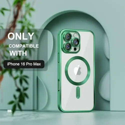 Чехол Misea Magnetic для iPhone 16 Pro Max, совместимый с MagSafe [Не желтеет] [Армейская защита от падений], с защитой объектива камеры, мягкий прозрачный чехол для женщин 6,9 дюйма, зеленый - 2