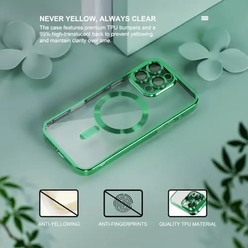 Чехол Misea Magnetic для iPhone 16 Pro Max, совместимый с MagSafe [Не желтеет] [Армейская защита от падений], с защитой объектива камеры, мягкий прозрачный чехол для женщин 6,9 дюйма, зеленый - 3