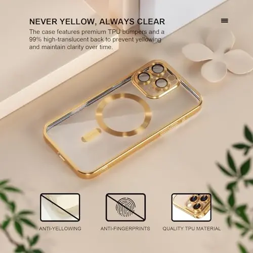 Чехол Misea Magnetic для iPhone 16 Pro, совместимый с MagSafe, [не желтеет], [армейская защита от падений], полная защита объектива камеры, мягкий прозрачный чехол для женщин 6,3 дюйма, золотой - 3