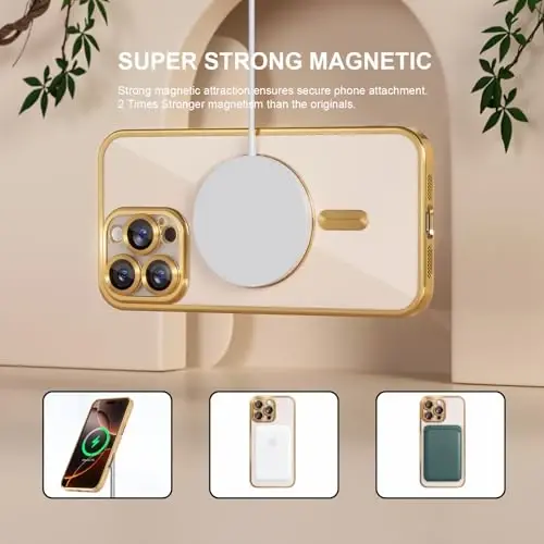 Чехол Misea Magnetic для iPhone 16 Pro, совместимый с MagSafe, [не желтеет], [армейская защита от падений], полная защита объектива камеры, мягкий прозрачный чехол для женщин 6,3 дюйма, золотой - 5