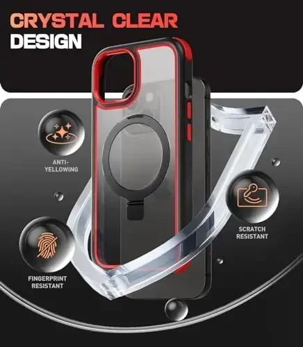 Чехол Mobnano для iPhone 15 со стойкой, совместимый с MagSafe, прозрачная задняя панель, защита военного класса, магнитное кольцо-держатель и защитные бамперы, не желтеет, устойчив к царапинам - черный/красный - 5