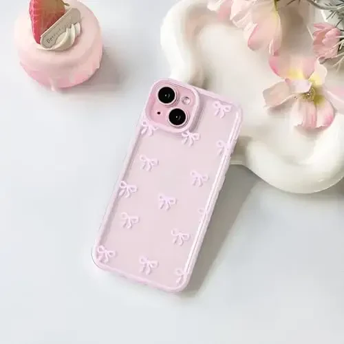 Чехол NITITOP, совместимый с iPhone 15 Plus, симпатичный, прозрачный, розовый, прочный с лентой и бантом, для девочек и женщин, с рисунком, из мягкого TPU, прозрачный, для полного объектива камеры, ударопрочный, защитный - розовый - 3