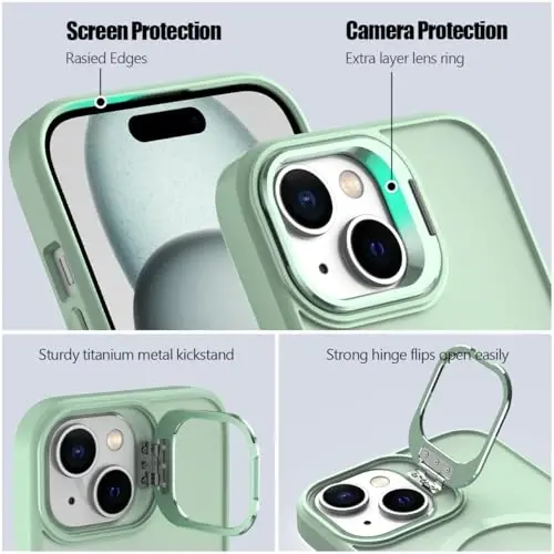 Чехол Nvollnoe для iPhone 15, совместимый с MagSafe, противоударный, с защитой от падений, регулируемой подставкой, матовый, полупрозрачный, для iPhone 15 (мятный) - 3