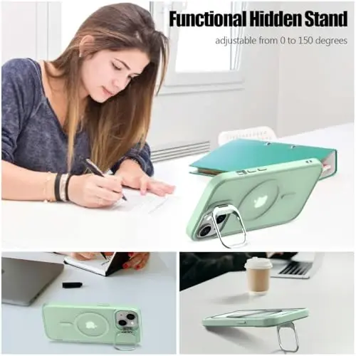 Чехол Nvollnoe для iPhone 15, совместимый с MagSafe, противоударный, с защитой от падений, регулируемой подставкой, матовый, полупрозрачный, для iPhone 15 (мятный) - 4