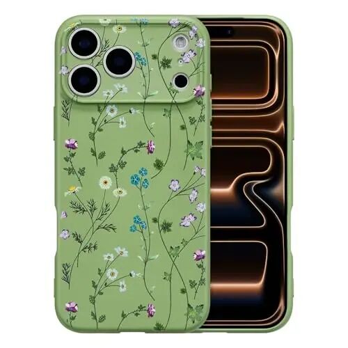 Чехол RALEAVO Floral Case для iPhone 17 Pro Max, жидкий силикон с милым узором в виде ветки цветов для девушек и женщин, тонкий мягкий резиновый защитный чехол для телефона для iPhone 17 Pro Max (6,9 дюйма), зеленый - RALEAVO