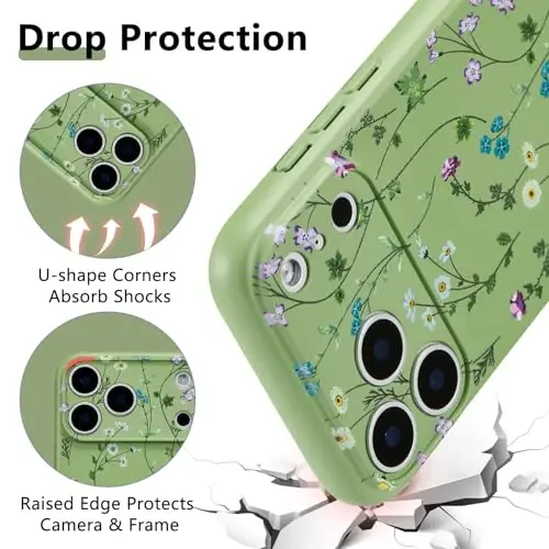 Чехол RALEAVO Floral Case для iPhone 17 Pro Max, жидкий силикон с милым узором в виде ветки цветов для девушек и женщин, тонкий мягкий резиновый защитный чехол для телефона для iPhone 17 Pro Max (6,9 дюйма), зеленый - 3