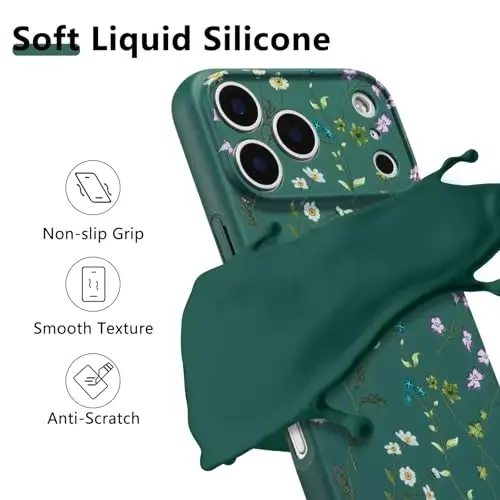 Чехол RALEAVO Floral Case для iPhone 17 Pro, жидкий силикон с милым узором в виде цветочной ветви для девушек и женщин, тонкий мягкий резиновый защитный чехол для телефона iPhone 17 Pro (6,3 дюйма), темно-зеленый - 2
