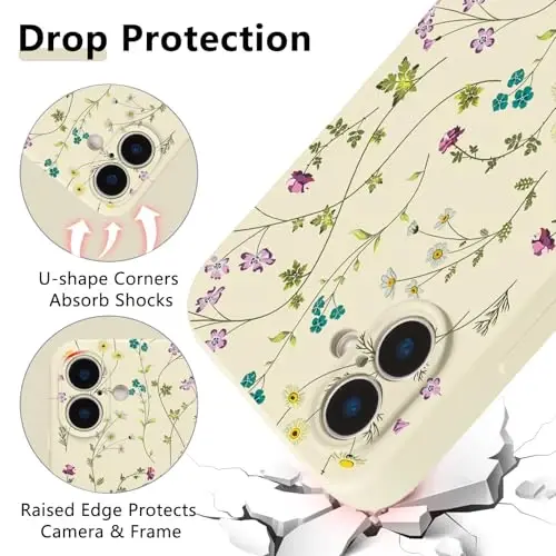 Чехол RALEAVO Floral для iPhone 17, жидкий силикон с милым узором в виде ветки цветов для девушек и женщин, тонкий мягкий резиновый защитный чехол для телефона для iPhone 17 (6,3 дюйма), бежевый - 3
