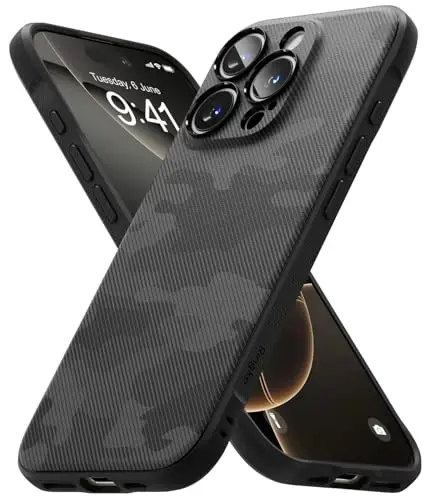Чехол Ringke Onyx для iPhone 16 Pro, [Приятный на ощупь] Матовый и устойчивый к грязи, Отдельные крышки для камер, Нескользящий улучшенный хват, Легкий чехол — Камуфляжный черный 