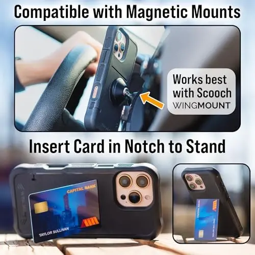 Чехол Scooch® для iPhone 15 с держателем для карт, чехол-кошелек Wingmate со скрытым слотом для карт и защитой RFID до 4 карт, защита от падения с высоты 3 метров, черный. - 5