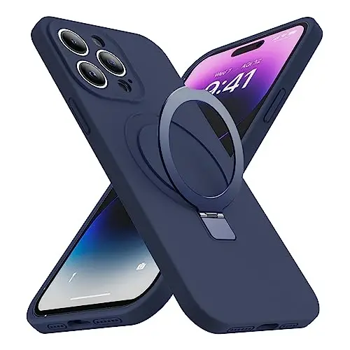 Чехол SKYLMW для iPhone 12 Pro Max 6,7 дюйма с магнитной невидимой подставкой, совместимый с Mag-Safe, силиконовый, военный стандарт защиты от падений, для женщин и мужчин, темно-синий - 1