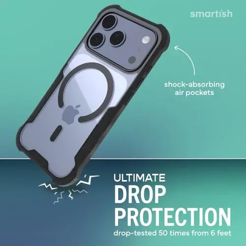 Чехол Smartish® iPhone 17 Pro MagSafe — защитный магнитный чехол Gripzilla для мужчин [прочный и надежный] Военный класс, сверхмощная броня с захватом — Протестирован на падение для Apple iPhone 17 Pro — Чисто черный - SMARTISH (1)