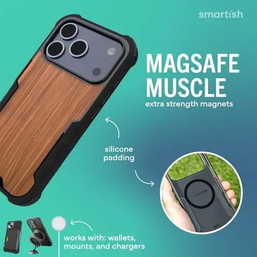Чехол Smartish® iPhone 17 Pro MagSafe — защитный магнитный чехол Gripzilla для мужчин [прочный + надежный] Военный класс, усиленная броня с захватом — протестирован на падение для iPhone 17 Pro — цвет Walnut Woods - 3