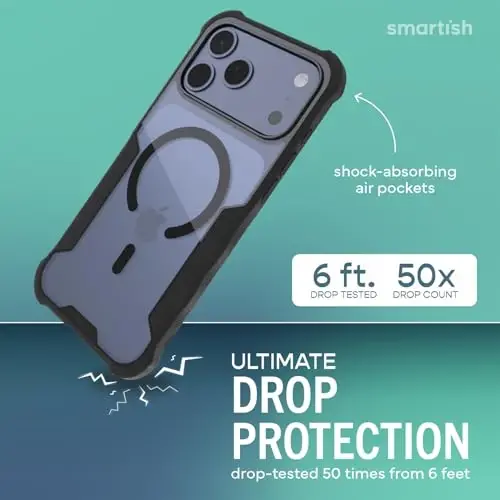 Чехол Smartish® iPhone 17 Pro Max MagSafe – Защитный магнитный чехол Gripzilla для мужчин [Прочный + Жесткий] Военный класс, усиленная защита от падений для Apple iPhone 17 Pro Max – Прозрачно-черный - 2