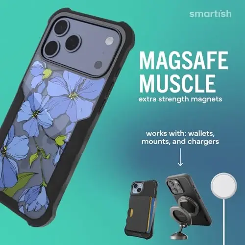 Чехол Smartish® iPhone 17 Pro Max MagSafe — защитный магнитный чехол Gripzilla для мужчин [прочный + жесткий] Военный класс, усиленная защита — протестирован на падение для Apple iPhone 17 Pro Max — Blue Blossoms - 3