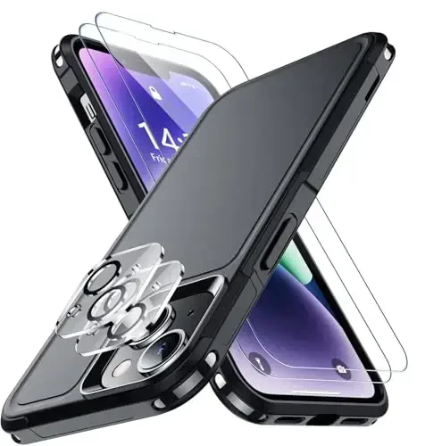 Чехол SPIDERCASE для iPhone 14/15, [военная защита 4,5 м], 2 шт. [защитные пленки для экрана + камеры] ударопрочный, черный 