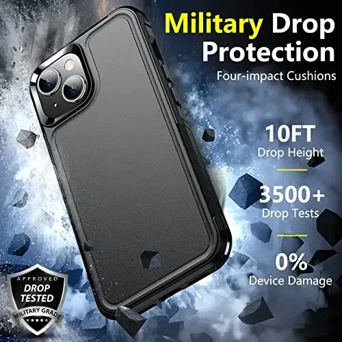 Чехол SPIDERCASE для iPhone 14/15, [военная защита 4,5 м], 2 шт. [защитные пленки для экрана + камеры] ударопрочный, черный - 3