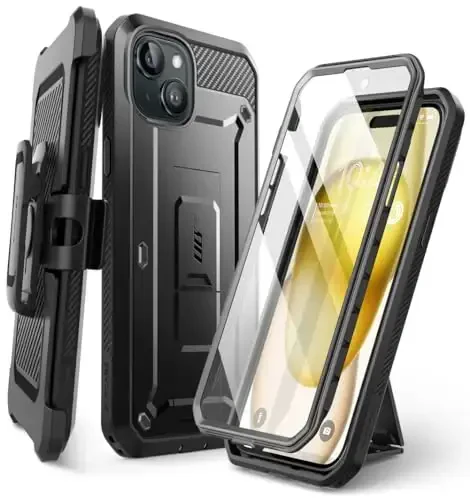 Чехол SUPCASE для iPhone 15 с защитной пленкой для экрана, [Unicorn Beetle Pro] [Встроенная подставка и ремень-зажим] [Защита военного класса] 360 полноразмерный прочный защитный чехол для телефона iPhone 15 (2023), черный - Modazone