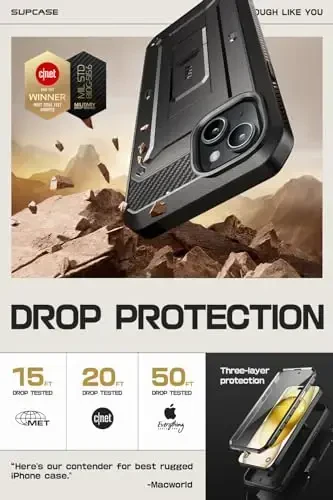 Чехол SUPCASE для iPhone 15 с защитной пленкой для экрана, [Unicorn Beetle Pro] [Встроенная подставка и ремень-зажим] [Защита военного класса] 360 полноразмерный прочный защитный чехол для телефона iPhone 15 (2023), черный - 4