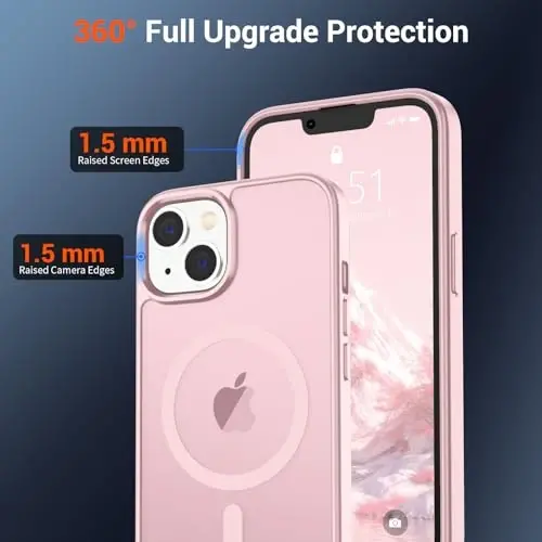 Чехол SUPFINE Magnetic для iPhone 14 и iPhone 13 с защитной пленкой для экрана (совместим с MagSafe) (защита от падений военного класса), полупрозрачный матовый противоударный чехол, светло-розовый - 4