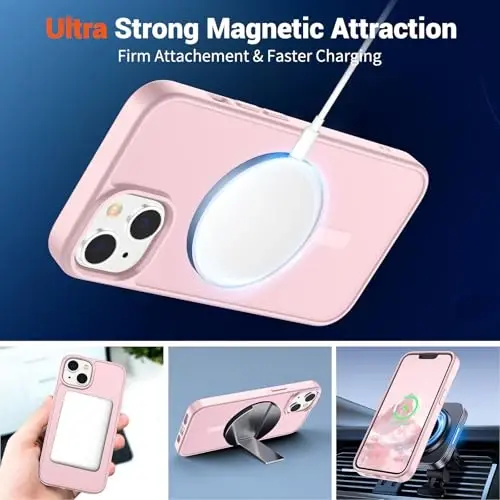 Чехол SUPFINE Magnetic для iPhone 14 и iPhone 13 с защитной пленкой для экрана (совместим с MagSafe) (защита от падений военного класса), полупрозрачный матовый противоударный чехол, светло-розовый - 5