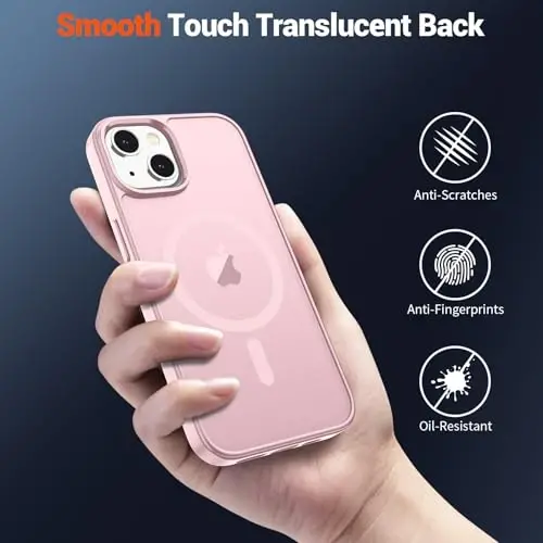 Чехол SUPFINE Magnetic для iPhone 14 и iPhone 13 с защитной пленкой для экрана (совместим с MagSafe) (защита от падений военного класса), полупрозрачный матовый противоударный чехол, светло-розовый - 6