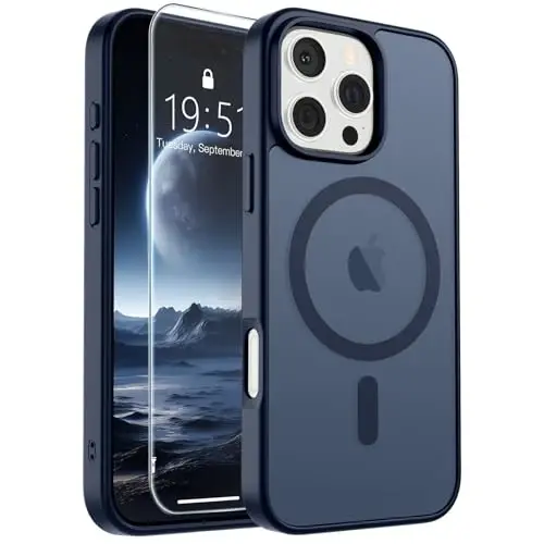 Чехол SUPFINE Magnetic для iPhone 16 Pro с защитой экрана (совместим с MagSafe) (военный класс защиты от падений), полупрозрачная матовая ударопрочная накладка, темно-синий 