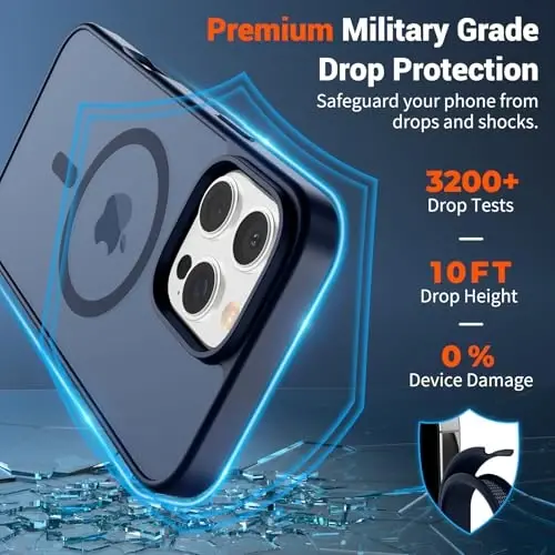 Чехол SUPFINE Magnetic для iPhone 16 Pro с защитой экрана (совместим с MagSafe) (военный класс защиты от падений), полупрозрачная матовая ударопрочная накладка, темно-синий - 3