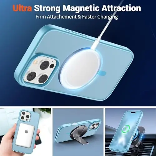 Чехол SUPFINE Magnetic для iPhone 16 Pro (совместим с MagSafe) (защита от падений военного класса), тонкий полупрозрачный матовый противоударный чехол с защитой от отпечатков пальцев, светло-голубой - 5