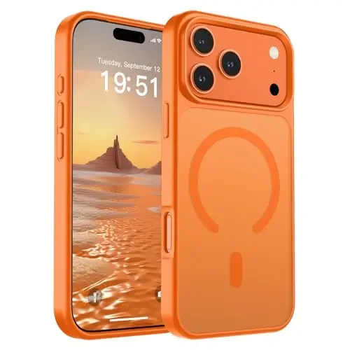 Чехол SUPFINE Magnetic для iPhone 17 Pro Max с защитной пленкой для экрана (совместим с MagSafe) (защита от падений военного класса), полупрозрачный матовый ударопрочный чехол для телефона, звездный оранжевый 