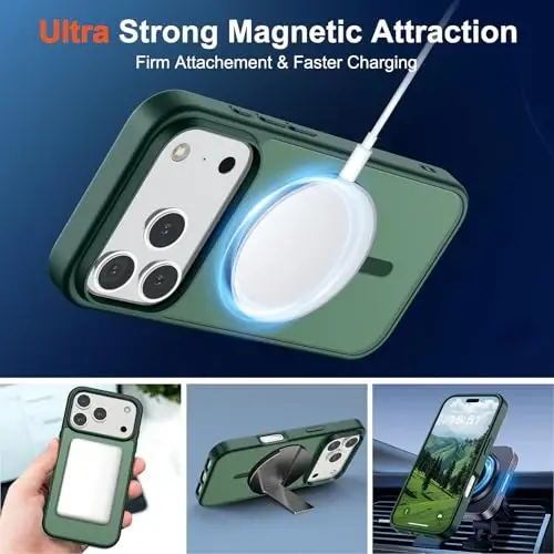 Чехол SUPFINE Magnetic для iPhone 17 Pro Max (совместим с MagSafe) (защита от падений военного класса), полупрозрачный матовый противоударный чехол с защитой от отпечатков пальцев, лесной зеленый - 5
