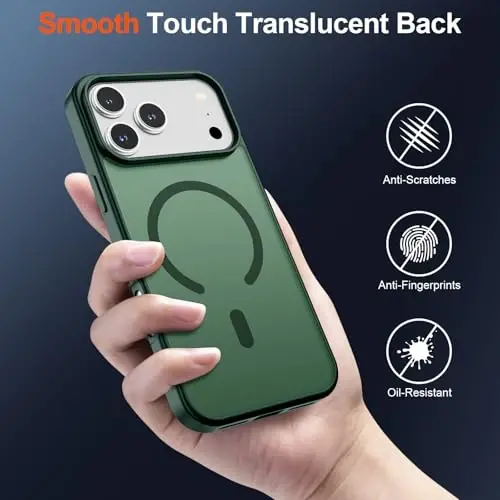 Чехол SUPFINE Magnetic для iPhone 17 Pro Max (совместим с MagSafe) (защита от падений военного класса), полупрозрачный матовый противоударный чехол с защитой от отпечатков пальцев, лесной зеленый - 6