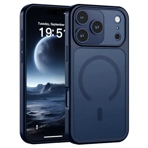 Чехол SUPFINE Magnetic для iPhone 17 Pro (совместим с MagSafe) (Армейская защита от падений) (Защита камеры), полупрозрачный матовый противоударный чехол для телефона, темно-синий 