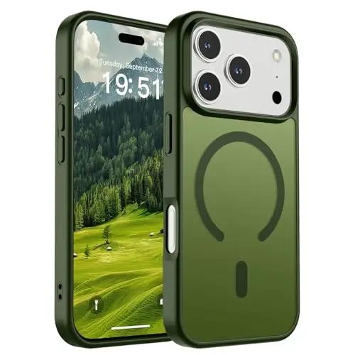Чехол SUPFINE Magnetic для iPhone 17 Pro (совместим с MagSafe) (защита от падений военного класса), полупрозрачный матовый ударопрочный чехол с защитой от отпечатков пальцев, цвет Cangling Green 