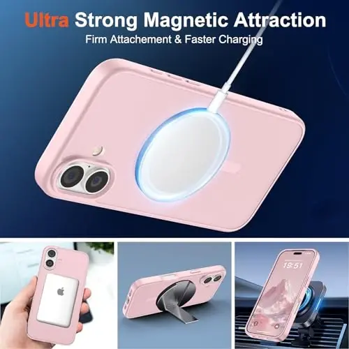 Чехол SUPFINE Magnetic для iPhone 17 с защитным стеклом (совместим с MagSafe) (защита от падений военного класса), полупрозрачный матовый противоударный чехол с защитой от отпечатков пальцев, светло-розовый - 5
